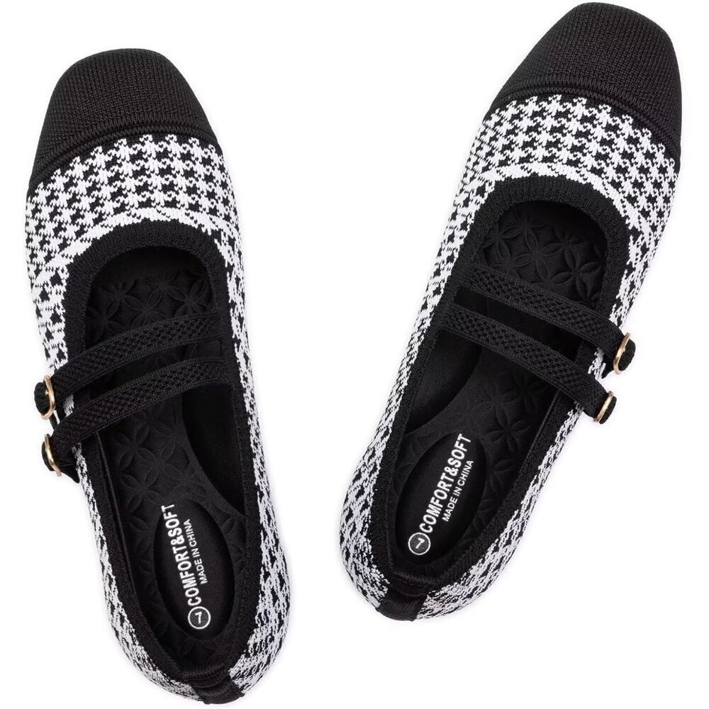 Frank Mully Women's B-white Fabric Square Toe Mary Jane Ballet Flats with Strap